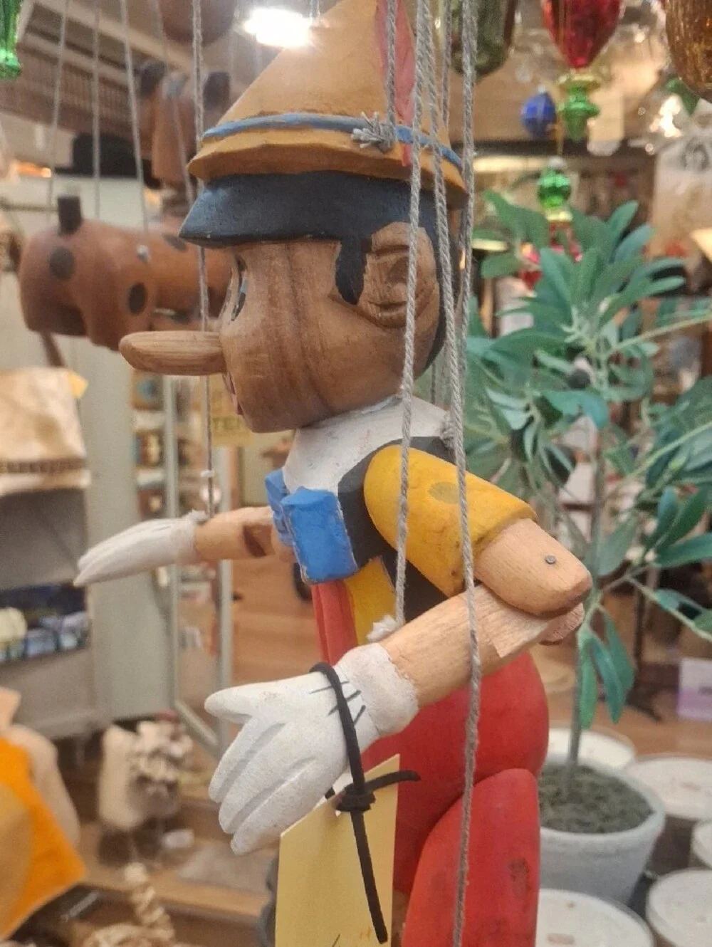 Vintage Wooden Hand Carved Pinocchio Marionette Doll - Red & Yellow Outfit